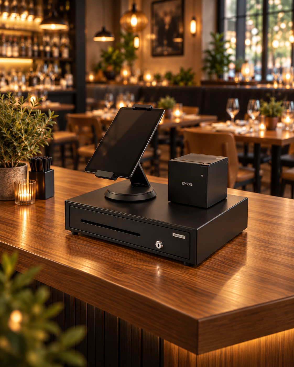 Full Setup: Tablet am Stand, stationärer Drucker und Geldlade