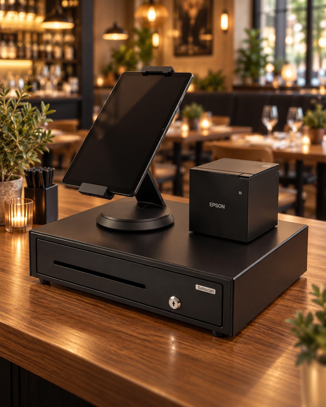 Full Setup: Tablet am Stand, stationärer Drucker und Geldlade