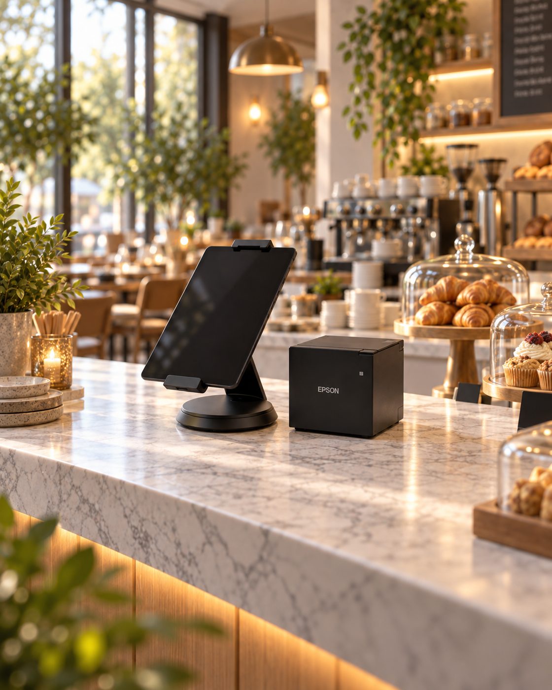 Light Setup: Tablet am Stand und stationärer Bondrucker an der Theke
