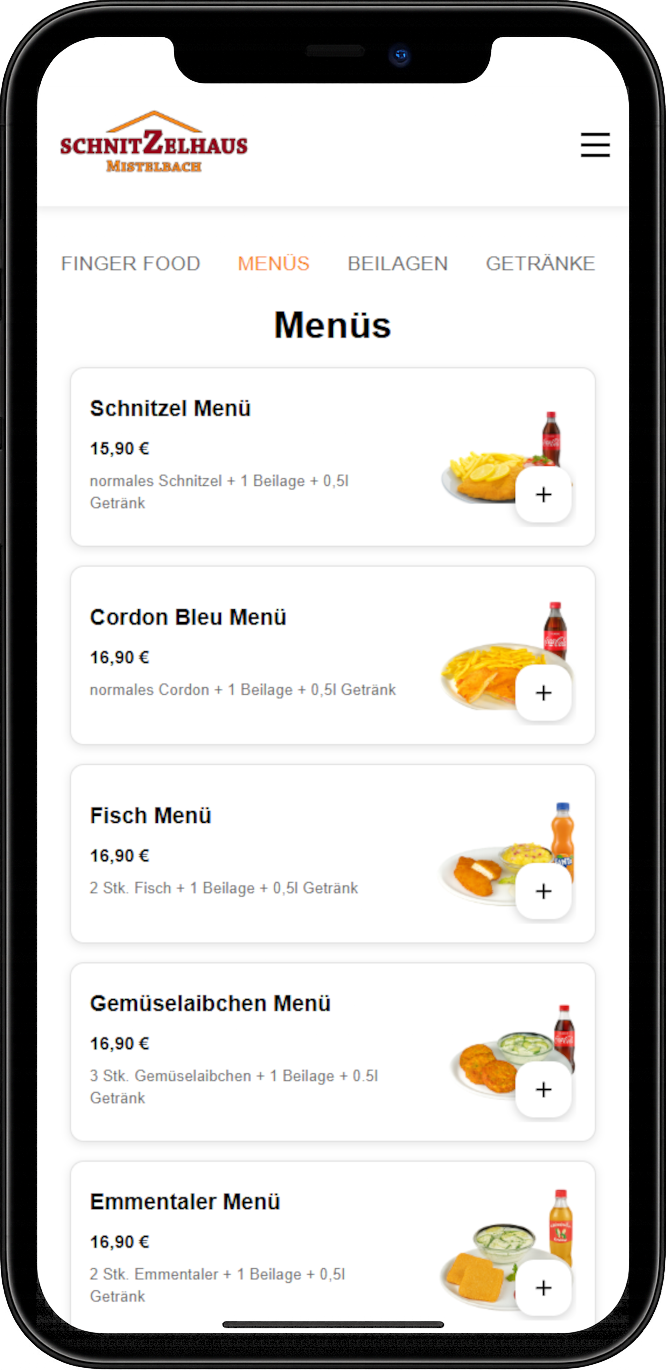 Webshop: Speisekarte mit Menüs am Smartphone